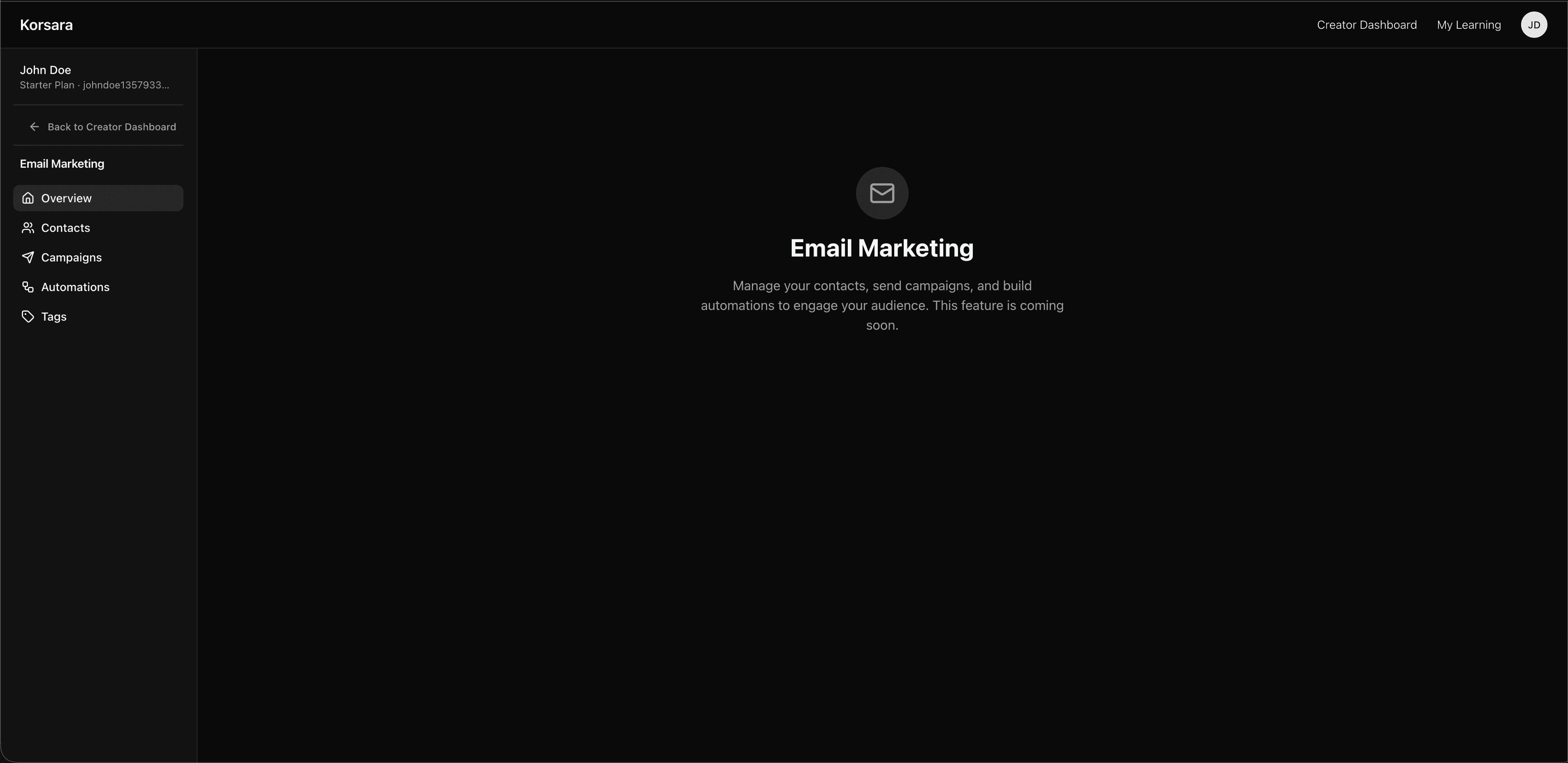 Korsara email marketing dashboard preview