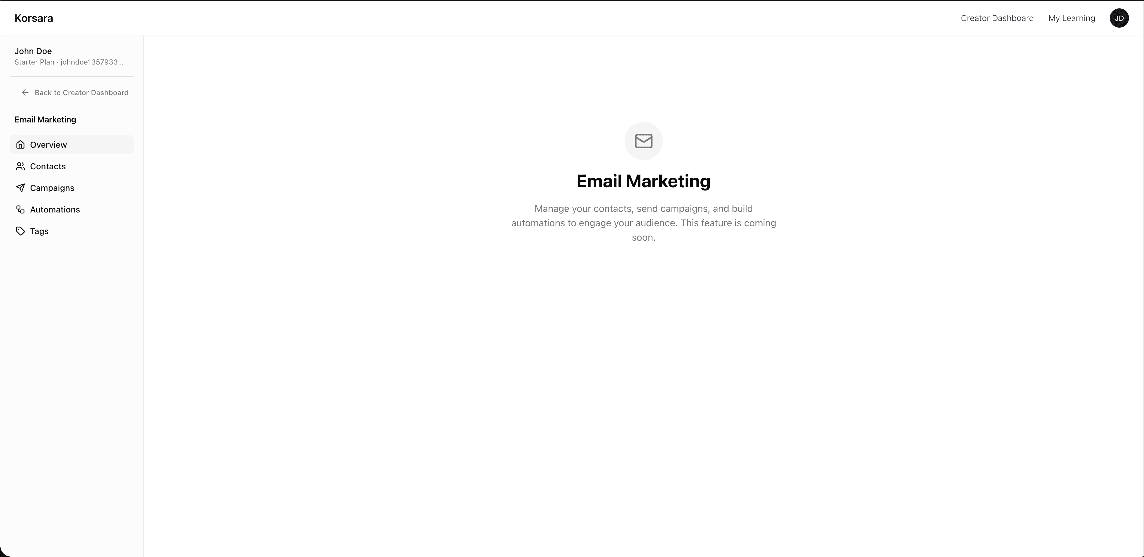 Korsara email marketing dashboard preview