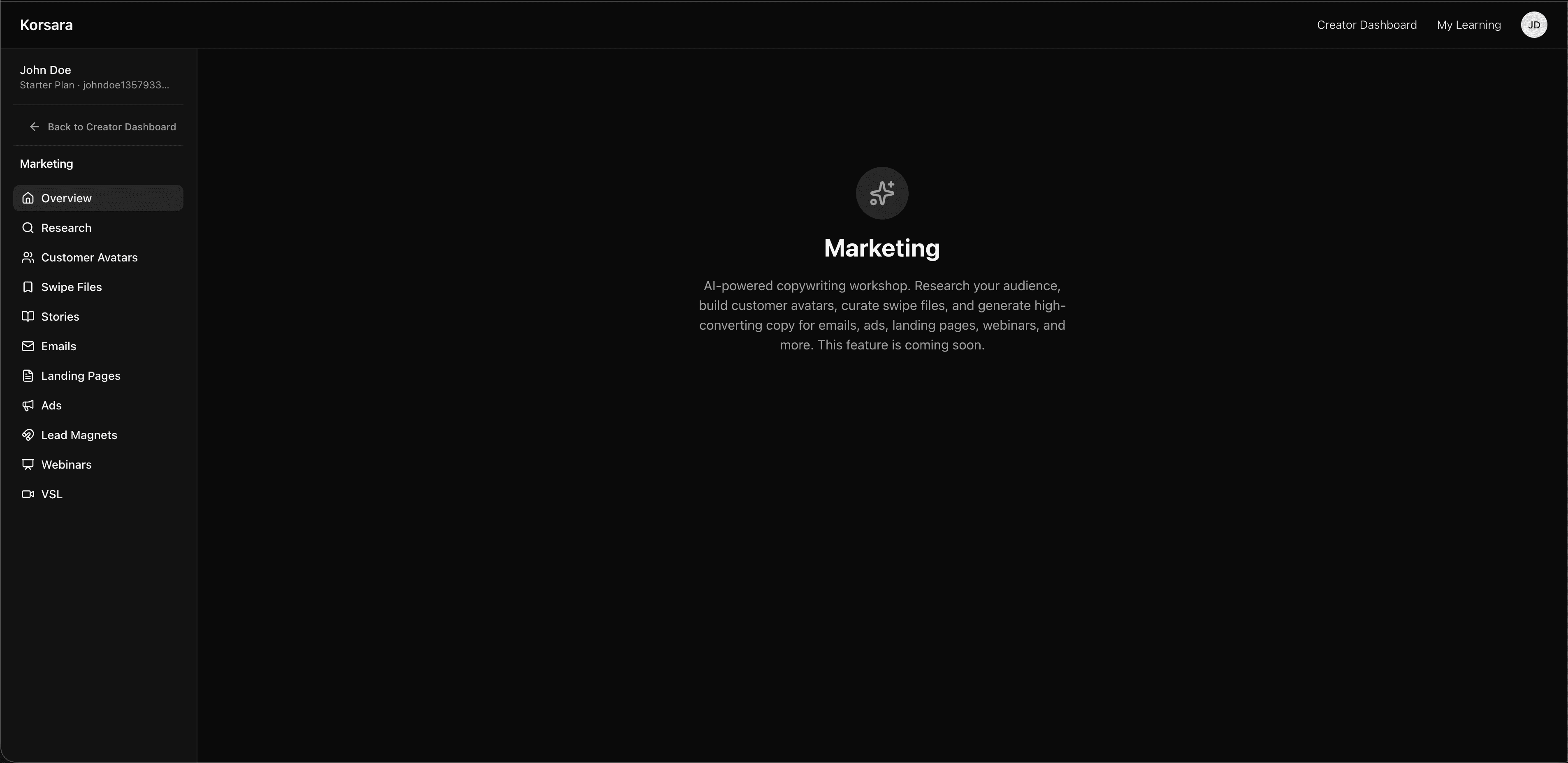 Korsara marketing workspace preview