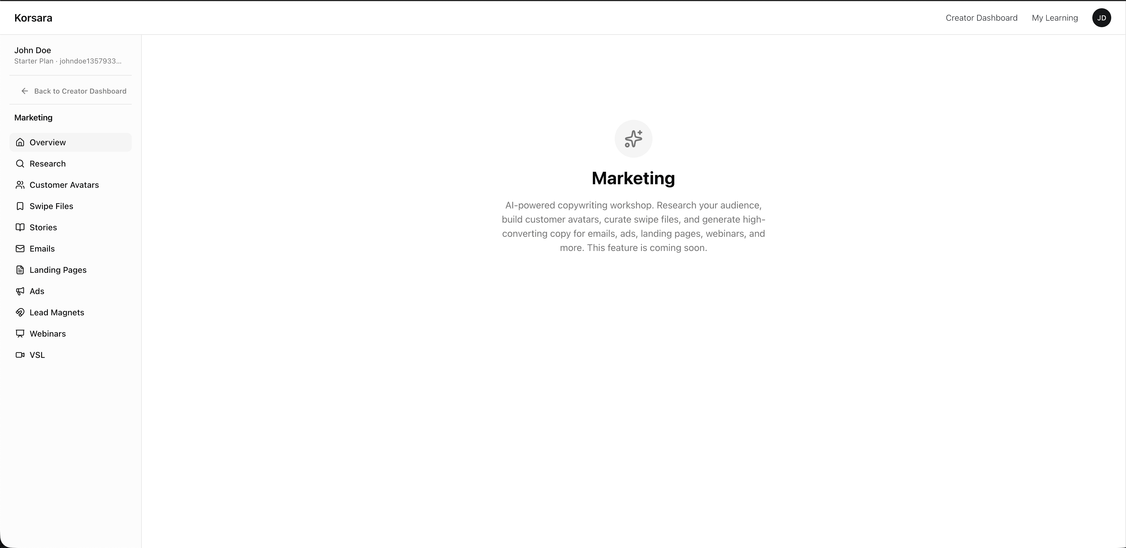 Korsara marketing workspace preview