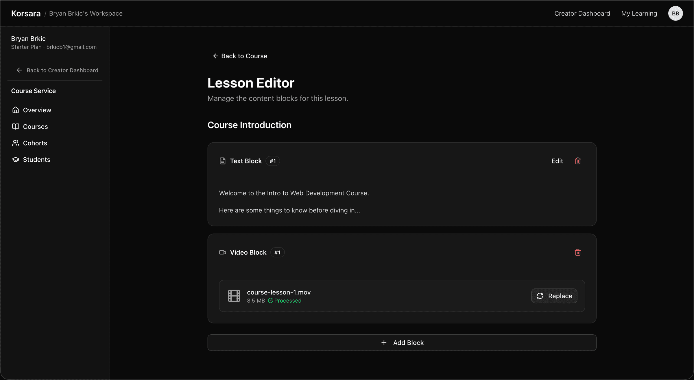 Lesson editor with text and uploaded video blocks