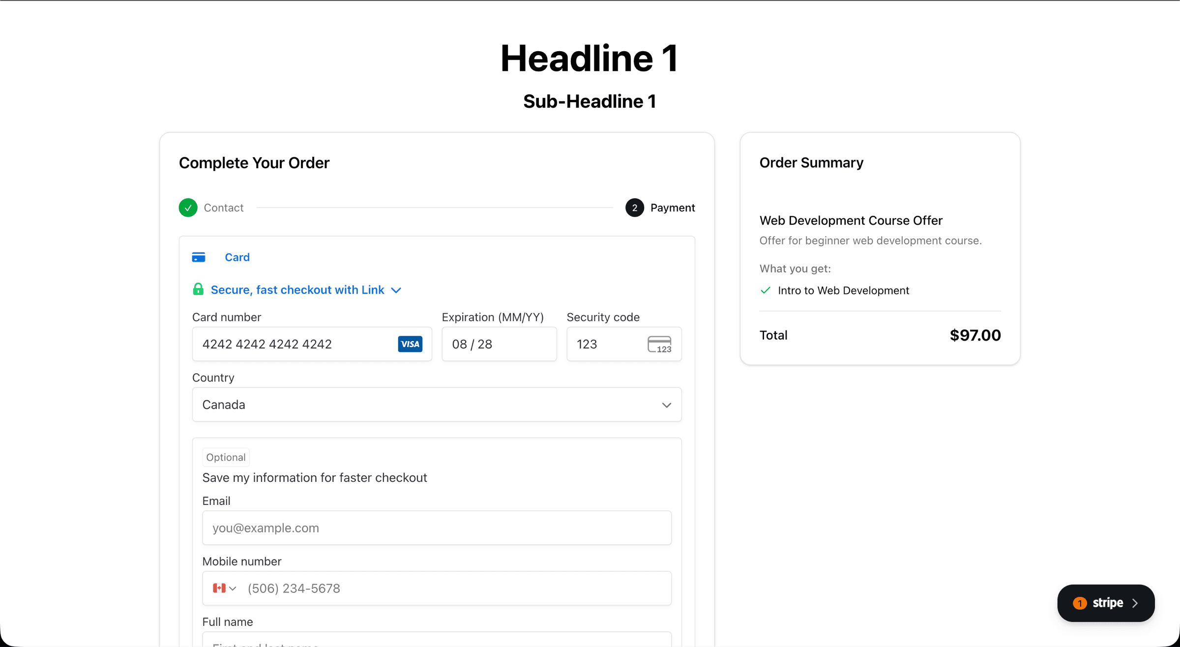 Two-step funnel checkout with order summary and Stripe payment form
