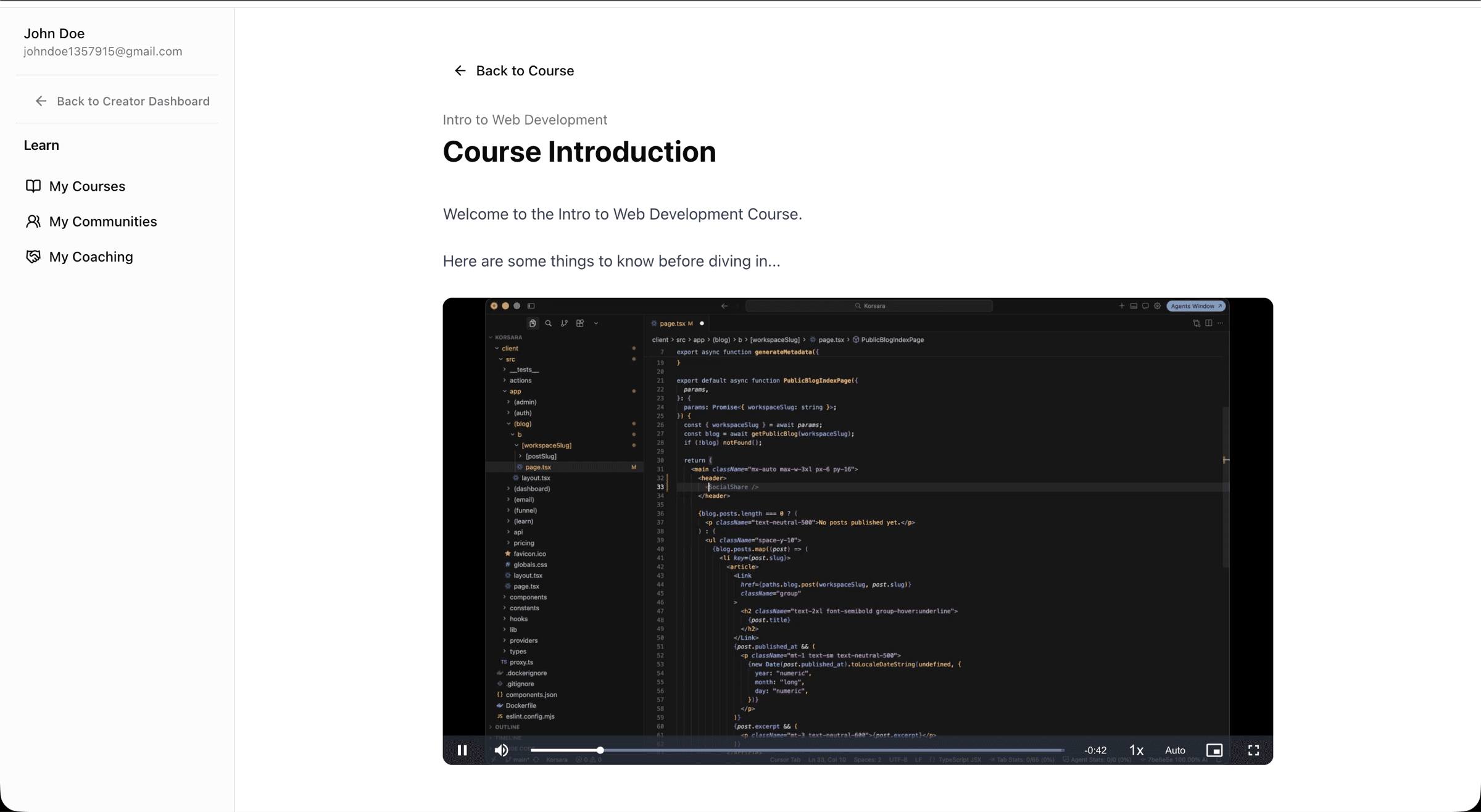 Student lesson player showing text and a video lesson