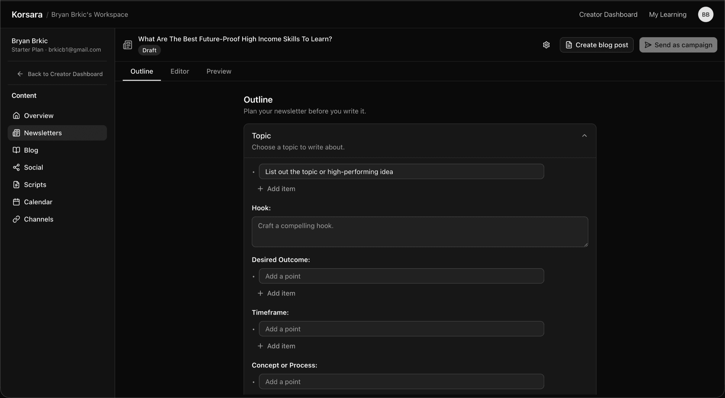 Newsletter outline tab with topic, hook, and desired outcome fields
