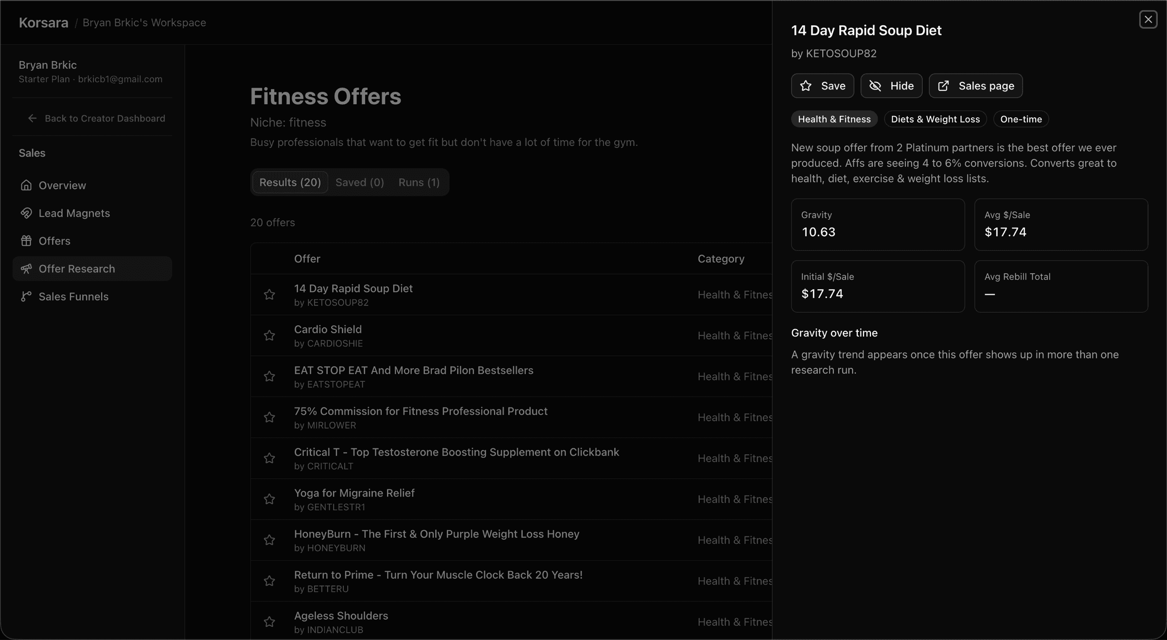 Offer detail panel showing gravity, average sale, and category tags