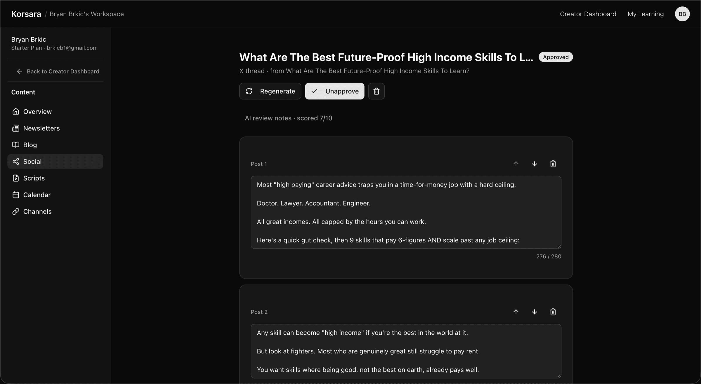 AI-generated X thread from a newsletter with review score
