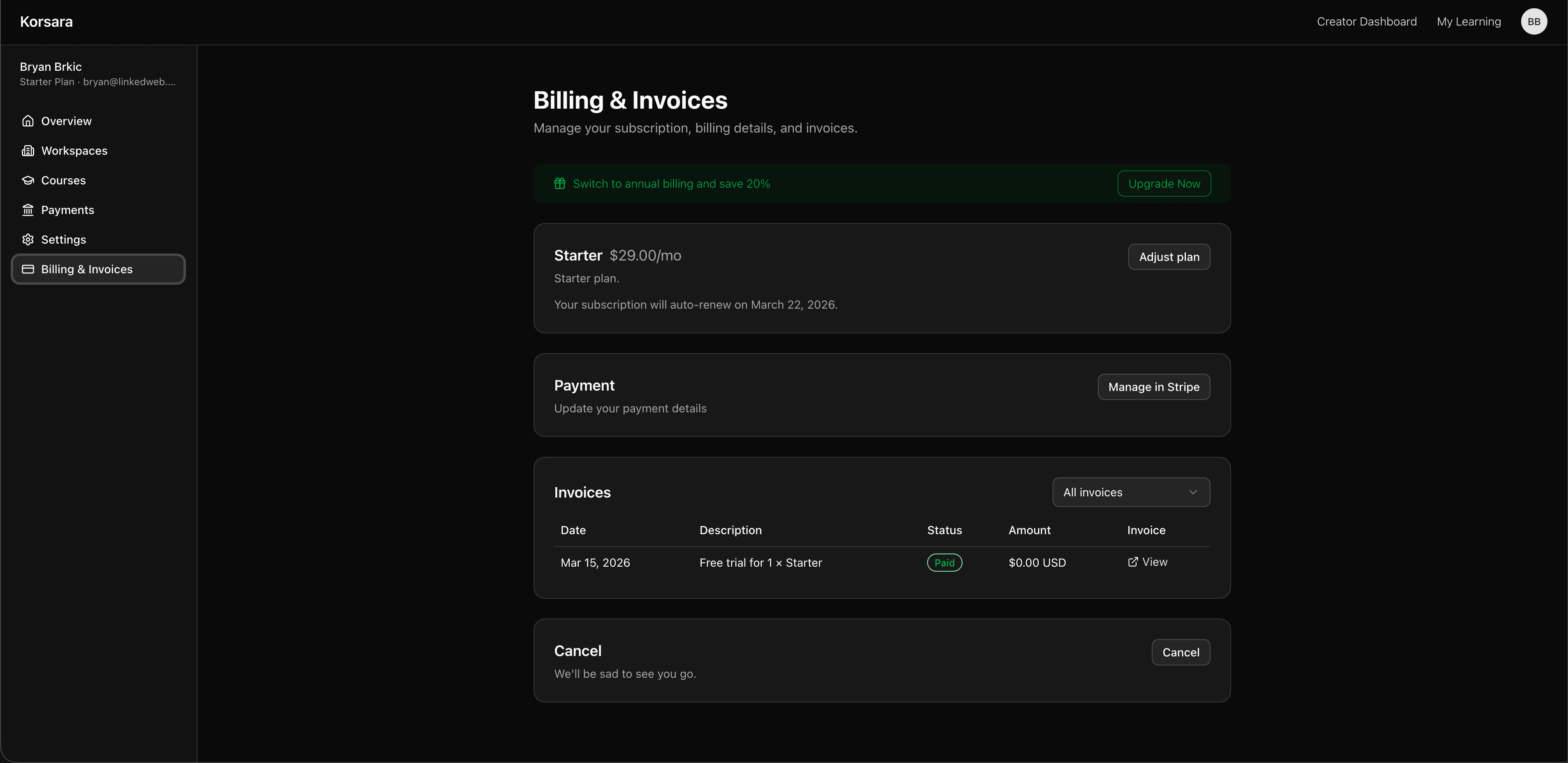 Korsara billing and invoices dashboard