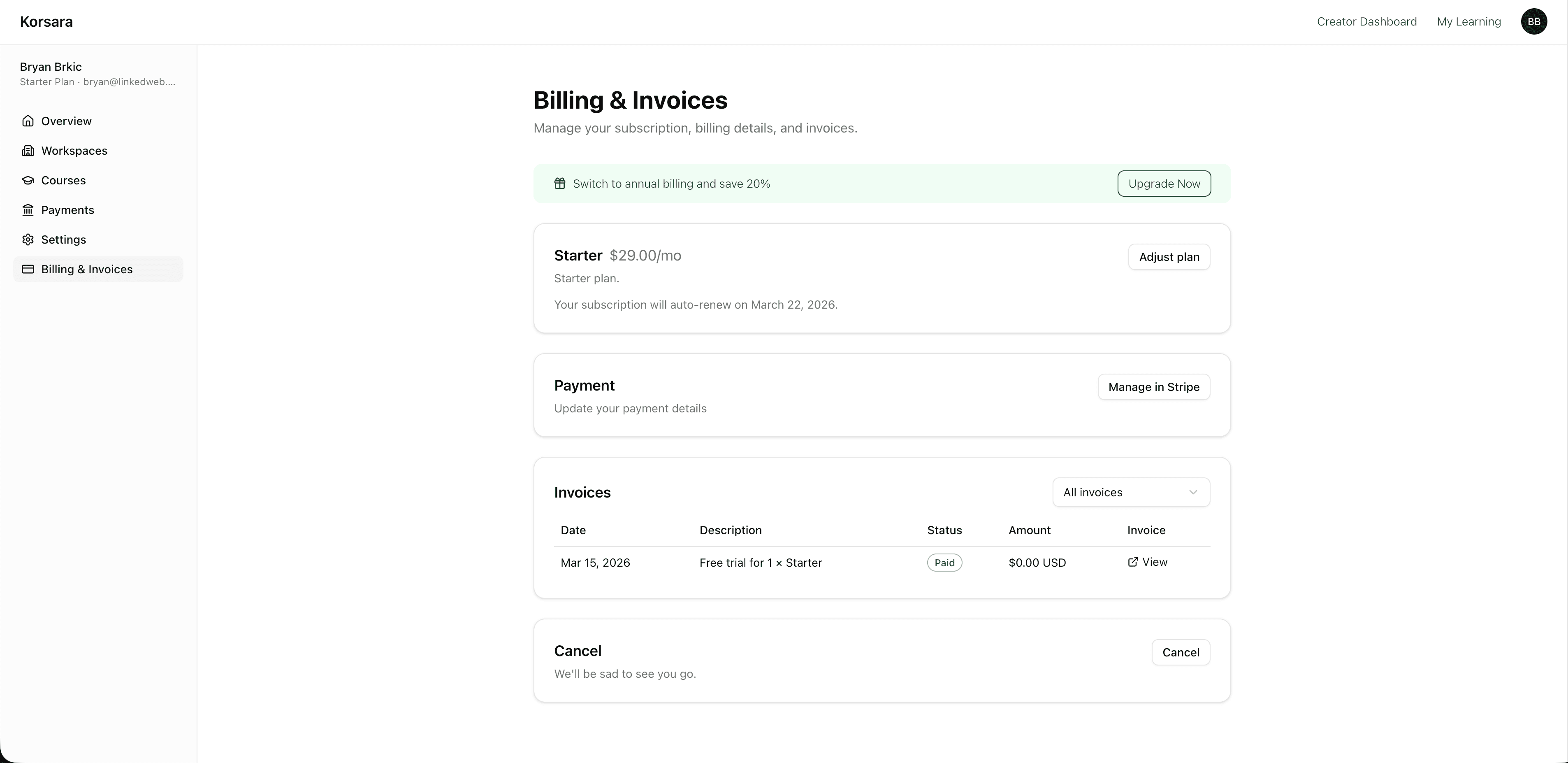 Korsara billing and invoices dashboard