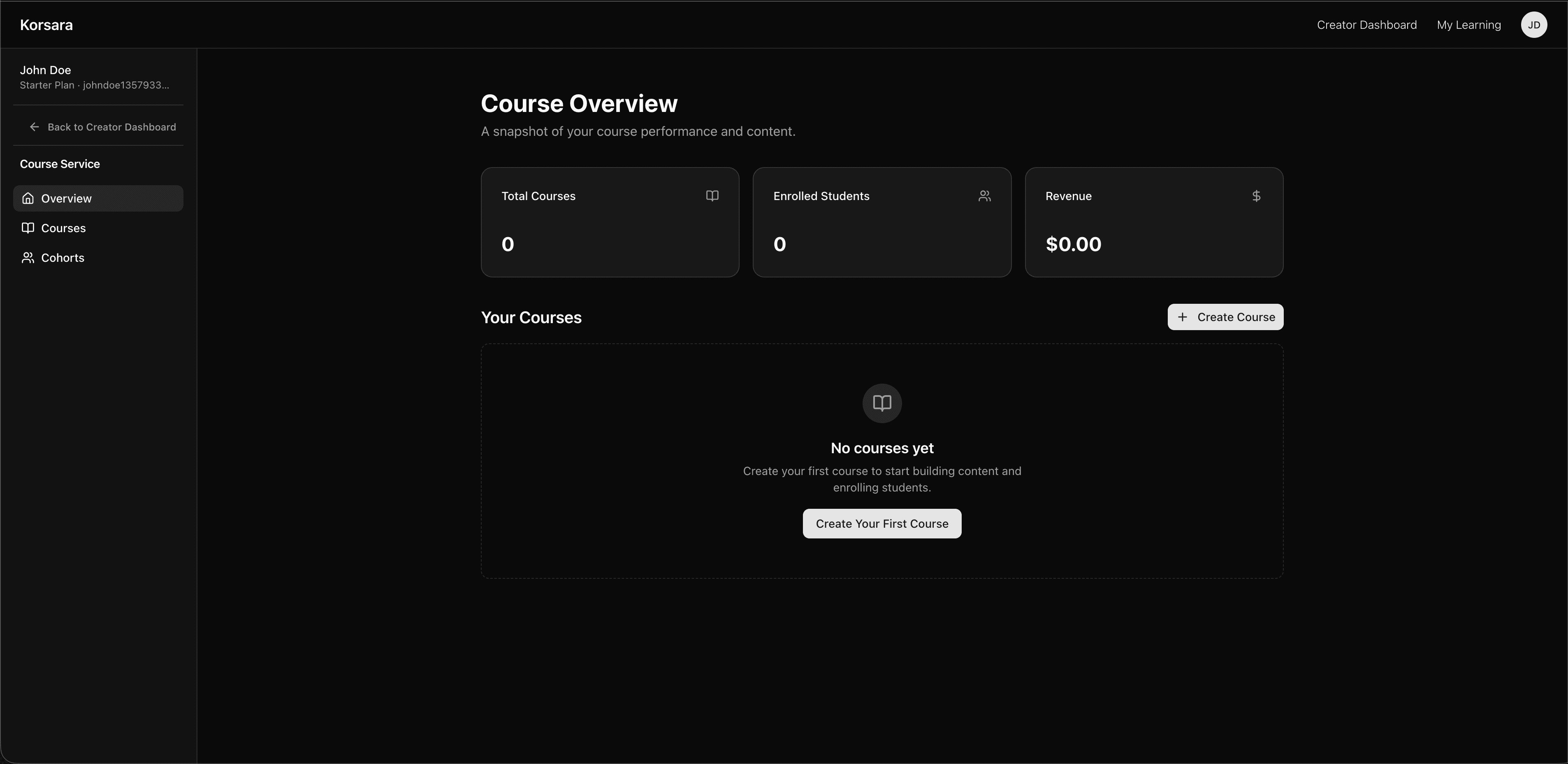 Korsara course overview in the dashboard