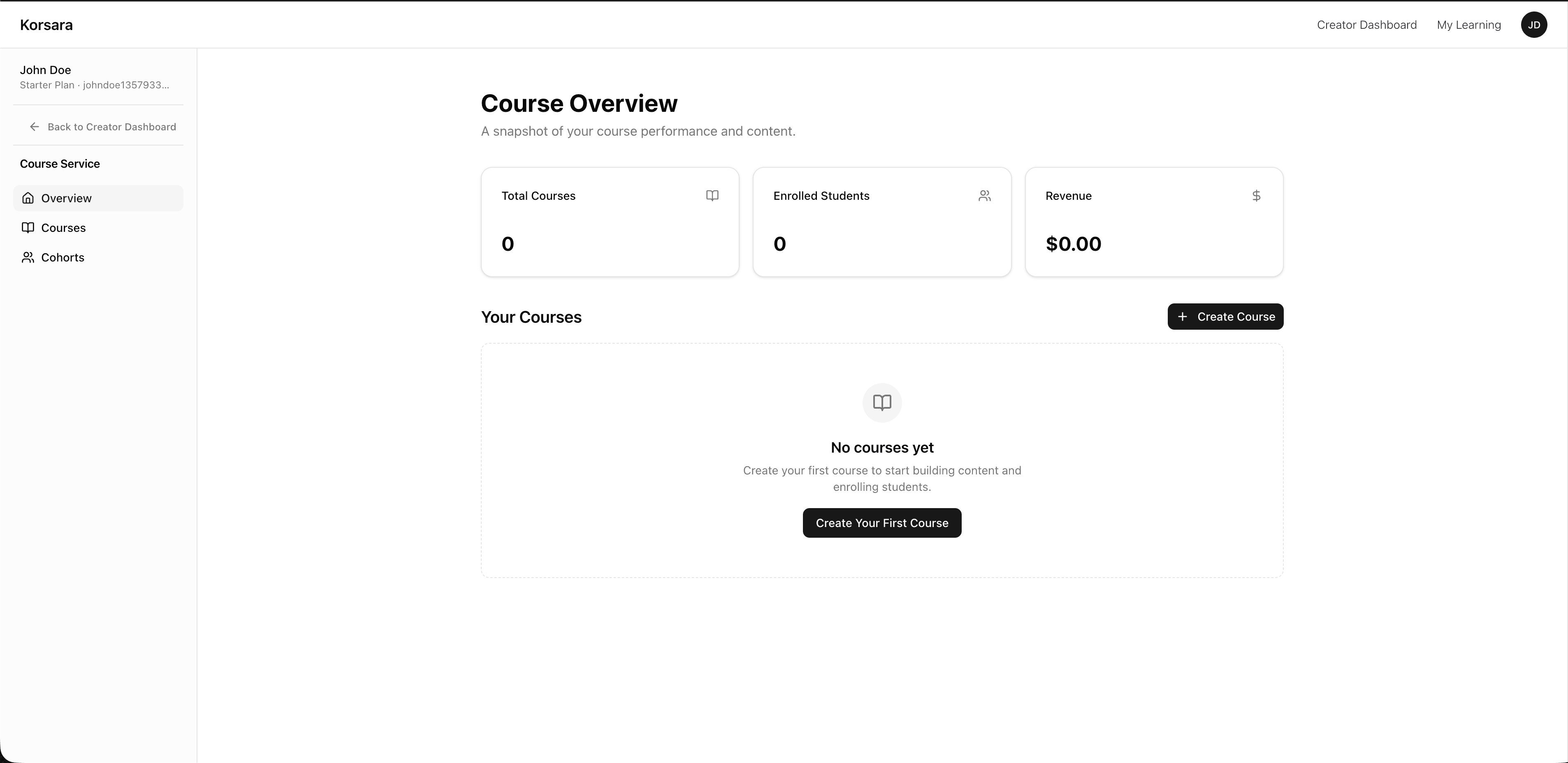 Korsara course overview in the dashboard