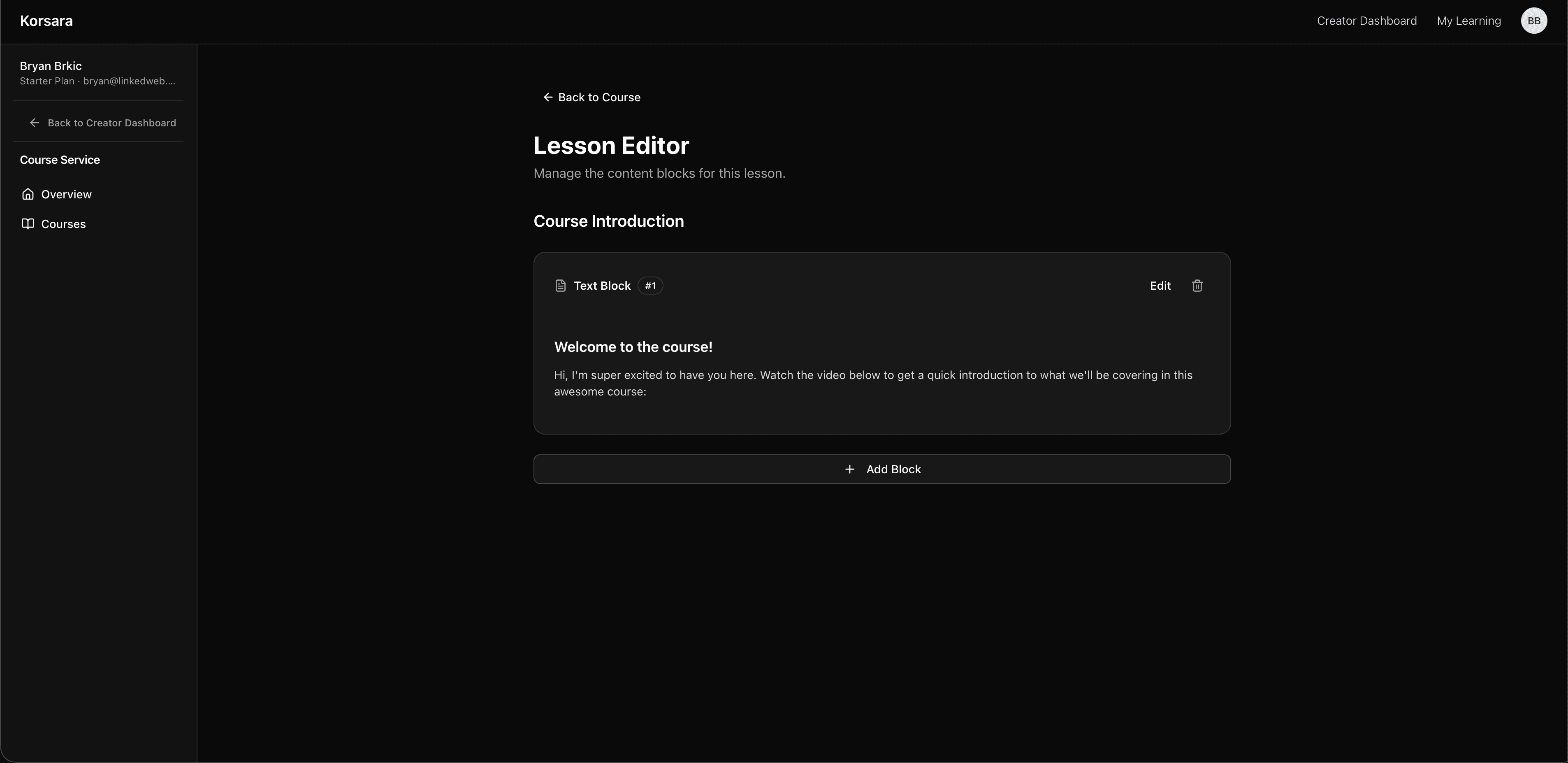 Korsara lesson block editor