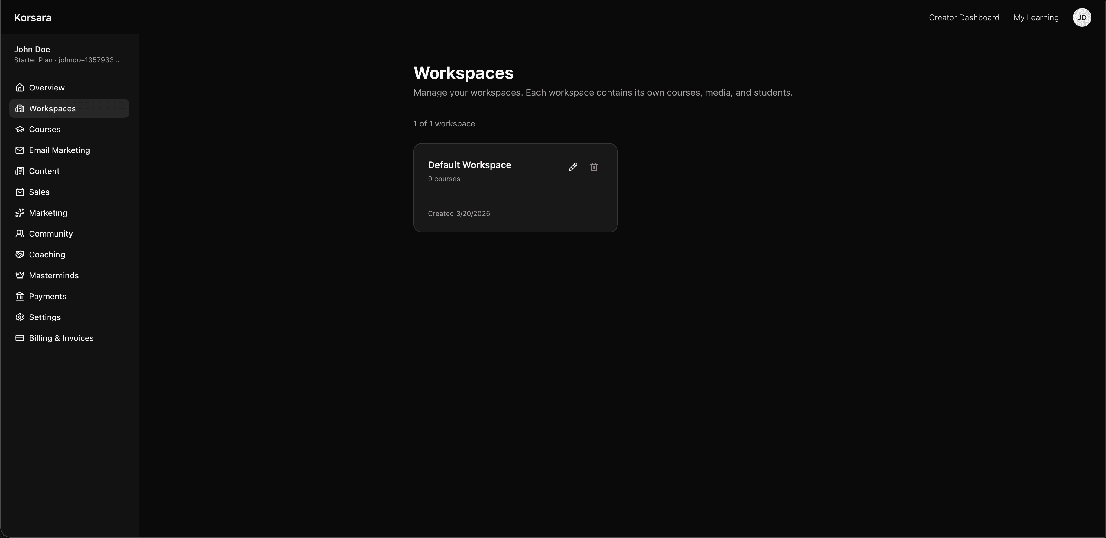 Korsara workspace settings
