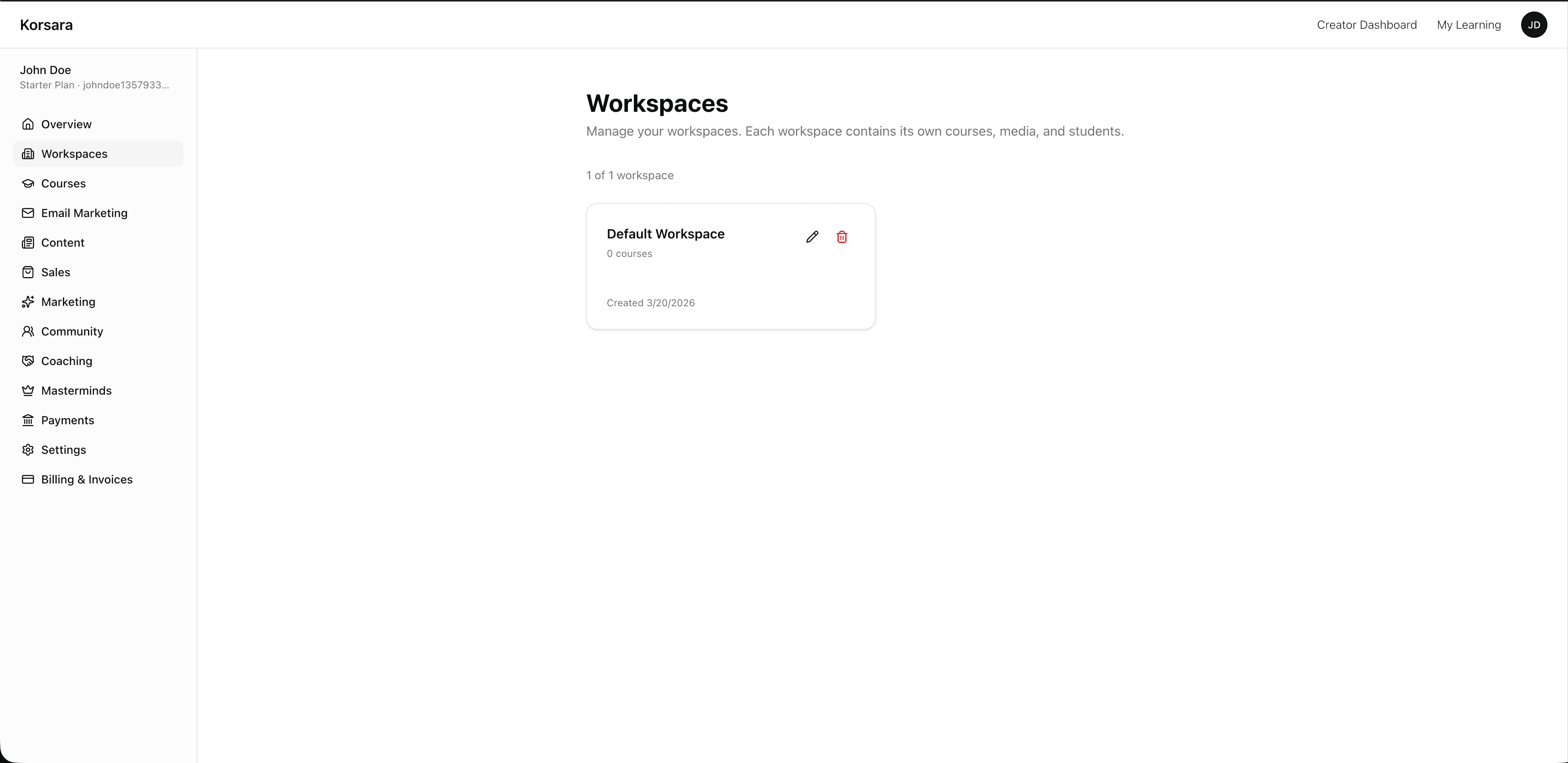 Korsara workspace settings