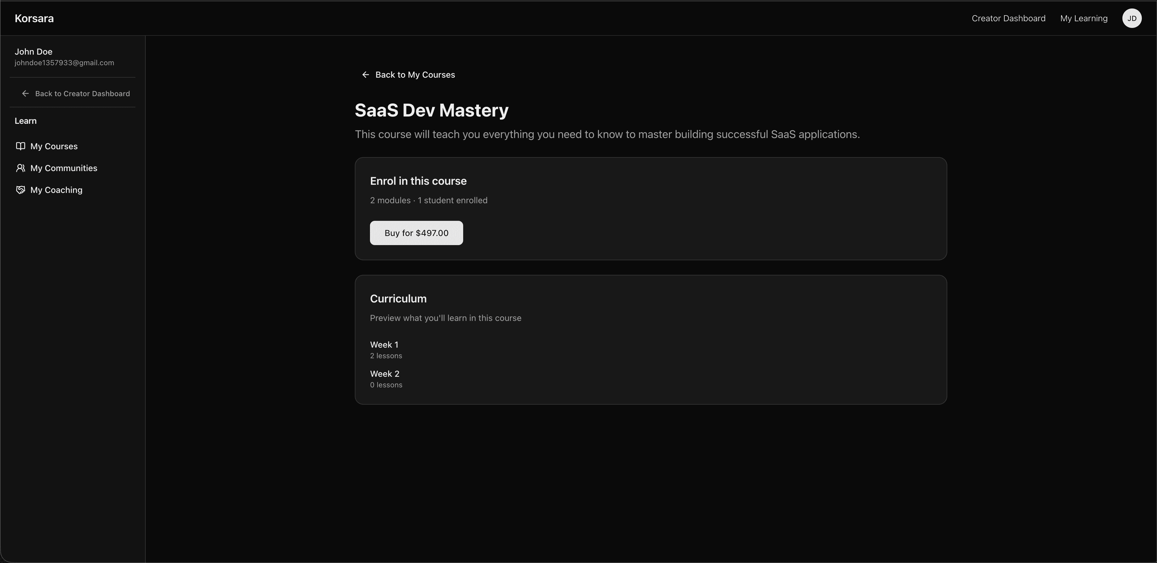 Korsara student course landing page