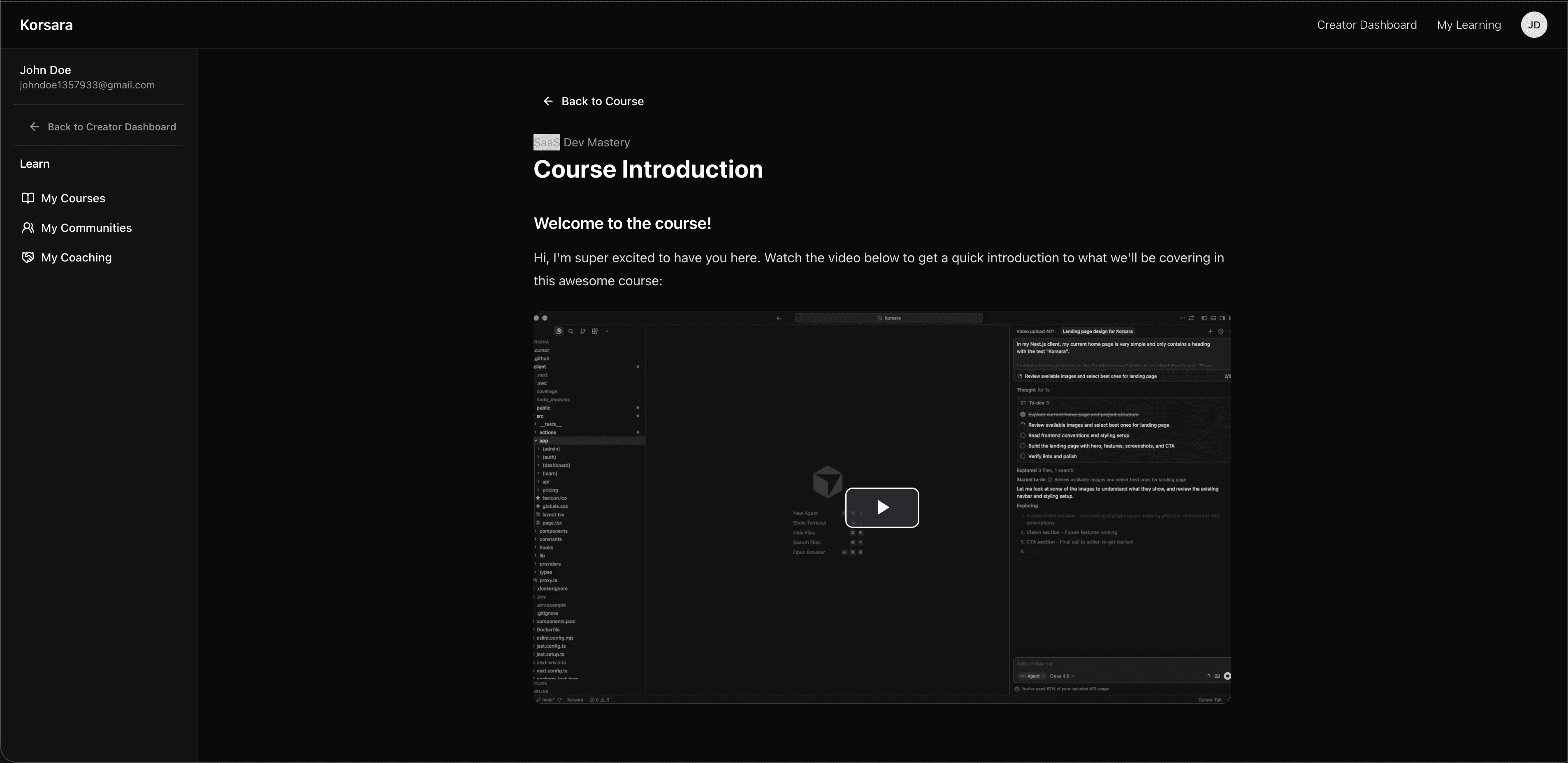 Korsara lesson player with text and video