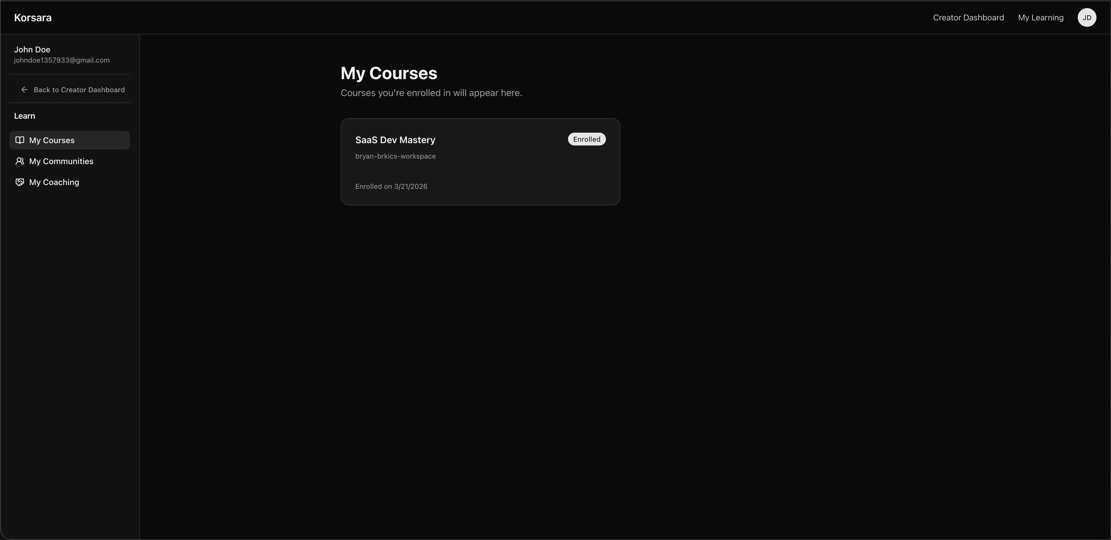 Korsara student course catalog in the learn portal
