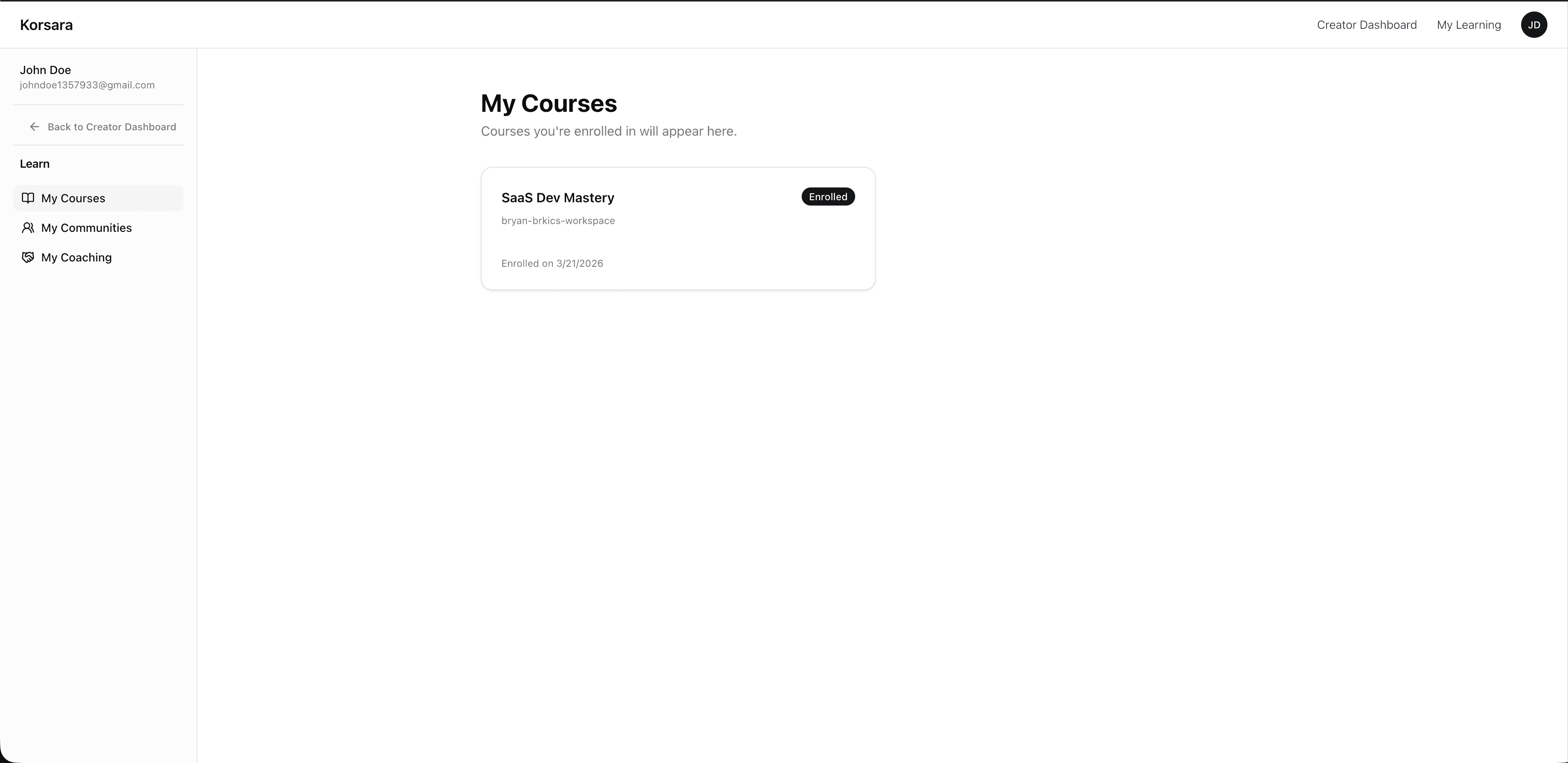 Korsara student course catalog in the learn portal